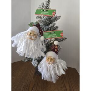 2 Christmas House Santa Head White Face Burgundy & Gold Snowflake Hat Ornament